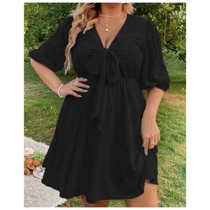 CURVE+PLUS Solid Tie Front Bishop Sleeve Dress